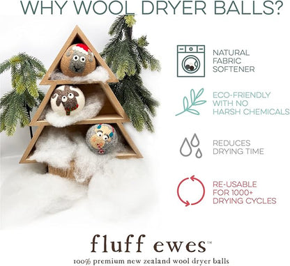 Fluff Ewes Wool Dryer Balls 3 Pack Premium New Zealand Wool Laundry Balls for Dryer, No Static Dryer Balls Laundry Reusable, XL Christmas Dryer Balls, Holiday Dryer Balls - Sheep in Heavenly Peace