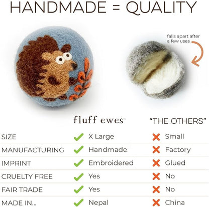Fluff Ewes Wool Dryer Balls 3 Pack Premium New Zealand Wool Laundry Balls for Dryer, No Static Dryer Balls Laundry Reusable, XL Hedgehog Dryer Balls, Baby Dryer Balls for Dryers - Hedgehog and Homies