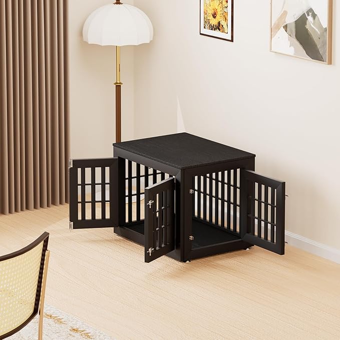 32" Heavy Duty Dog Crate Furniture for Small,Medium and Large Dogs,Rustic Wooden Dog Cage Kennel Indoor Furniture with Waterproof Top,Decorative Pet House Side End Table (Black)