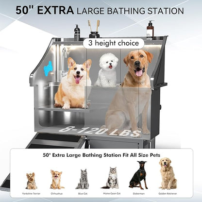 50'' Dog Washing Station - 304 Stainless Steel, LED Dog Bathing Station with Ramp, 2 Drawer, Floor Grate & Lick Pad for Large, Medium & Small Dogs