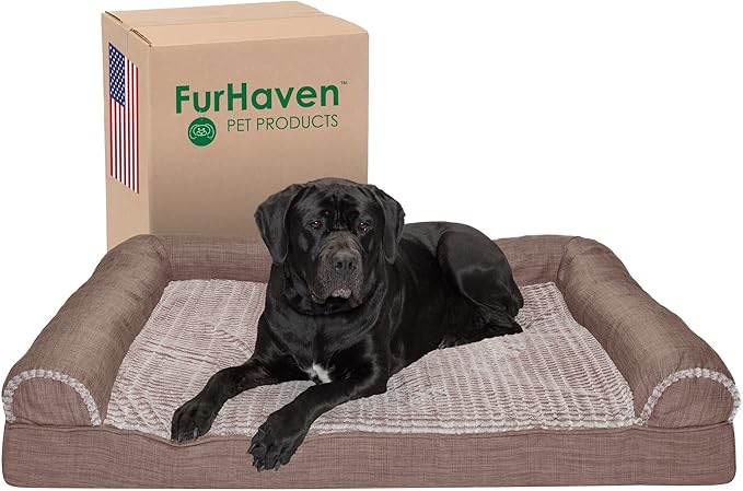 Furhaven Cooling Gel Dog Bed for Large Dogs w/ Removable Bolsters & Washable Cover, For Dogs Up to 125 lbs - Luxe Faux Fur & Performance Linen Sofa - Woodsmoke, Jumbo Plus/XXL
