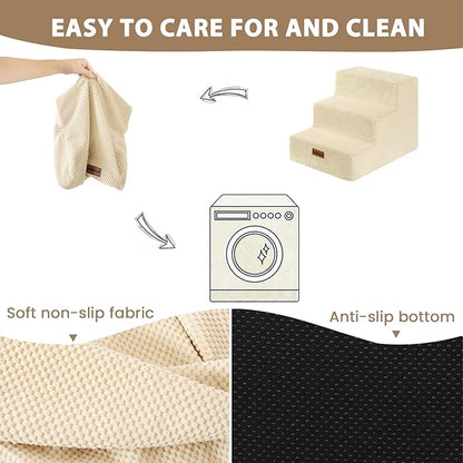 Dog Stairs for Small Dogs & Cats, 3-Step Non-Slip Pet Steps for Couch Sofa and Chair, Beige, 13.6" H