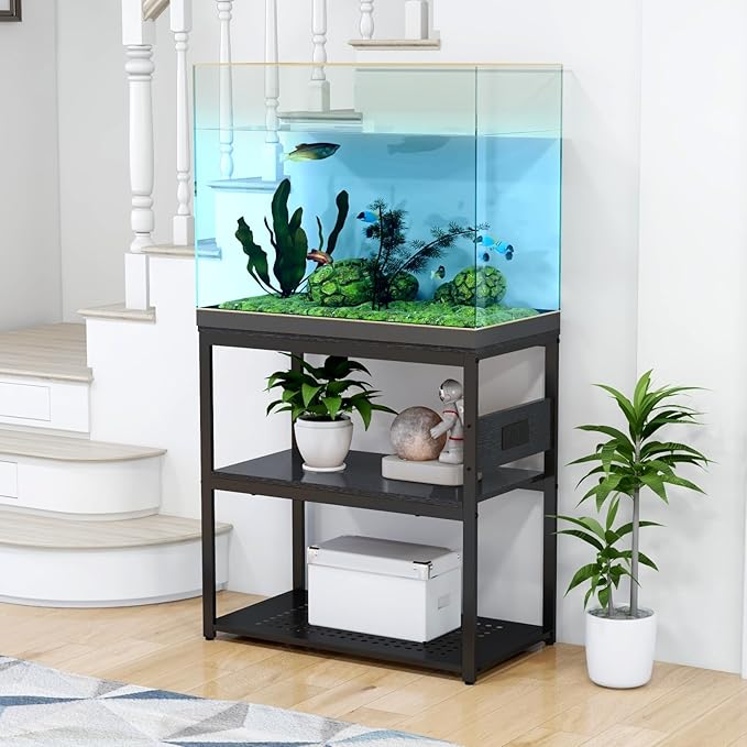 20-29 Gallon Fish Tank Stand with Power Outlets, 3-Tier Metal Aquarium Stand, Breeder Reptile Tank Stand with Shelf for Home Office, 660LBS Capacity, 29.5 x 15.8 x 30.1 inches, Black