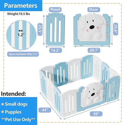 Foldable Dog Play Pen Indoors, Non-Slip Sturdy Puppy Playpen with Door, 25.5" H 12-Panel Adjustable Shape Dog Fence Pen for Small/Medium Dogs, Thickened, Easy to Store, White+Blue