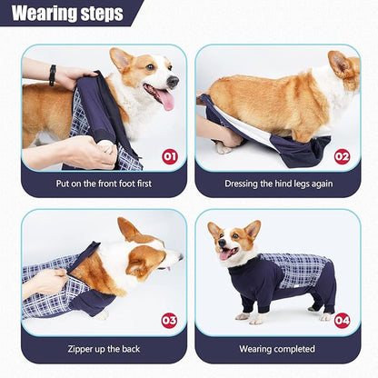 Dog Recovery Suit, Abdominal Wound After Surgery Wear, Anti Licking Bodysuit with Zipper, E-Collar & Cone Alternatives, Plaid Dog Spay Surgical Shirt Prevent Shedding(XL, Blue)