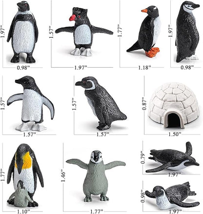 11PCS Penguin Toys, Plastic Arctic Animal Penguin Figures for Kids, Realistic Polar Animals Penguin Figurines Set with Igloo Model, Cake Topper Winter Miniature Toys Decoration