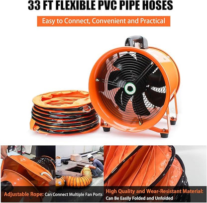 8-Inch High-Velocity Portable Utility Blower Fan, Industrial Exhaust Fan with 33ft Flexible Duct Hose, 3150 RPM Low-Noise Ventilator for Basements, Workshops, Warehouses, and Confined Spaces