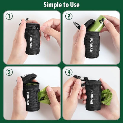 Dog Poop Bag Holder for Leash Doggie Waste Bag Dispenser Soft Fabric Puppy Potty Carrier Small Doggy Zipper Pouch with Carabiner Clip with 1 Roll of Pet Trash Bags, Black