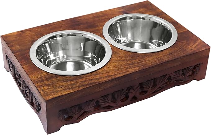 Elevated Pet Feeder for Dogs and Cats - Scroll Carved Wood Raised Dog Bowl Stand - Pet Feeding Stand with Two Steel Bowls - Raised Dog Bowl for Food and Water - Pet Feeding Station -17x11x4- IRONGATE