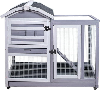 GEGURI Rabbit Hutch Indoor Rabbit Cage Outdoor, Wooden Bunny Cages for Guinea Pig with Wheels, Removable Tray, Ramp