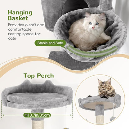 Globlazer Cat Tree, 70 inch Tall Scratching Tower Multi-Level Cat Condo for Indoor Multiple Cats with 2 Large Cat Caves, Top Perch, Large Platform, Bottom Swing, F70B, Light Grey