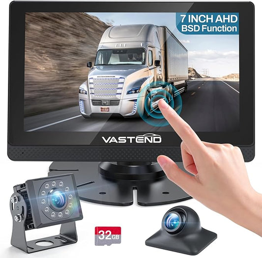 1080P Backup Camera for Truck, 7" IPS Touchscreen Monitor Front and Rear View Dual Cameras, IP69 Waterproof, IR Night Vision for Truck, Trailer, Camper, Included 32GB Card