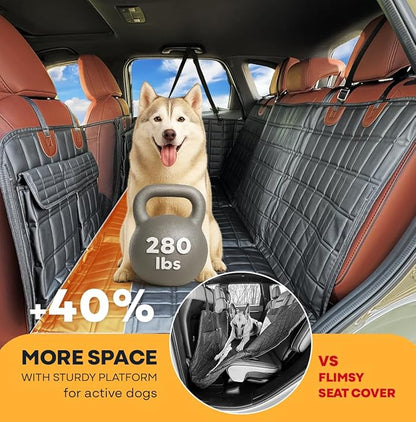 APetsPlanet Dog Car Seat Cover for Back Seat Hard Bottom - Waterproof Backseat Extender for Dogs - Pet Hammock Bed for Car, Truck, SUV with Mesh Window & Storage - Black Leather, with Door Covers