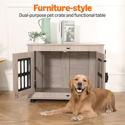 Amazon Basics Heavy Duty Dog Crate Furniture for Small Dogs, Wooden Decorative Dog Kennel Cage Indoor with Safety Lock, 32.5" L x 25.6" W x 21.9" H