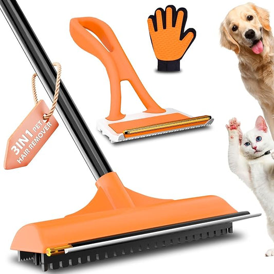 3 in 1 Carpet rake Kit for Pet Hair Removal Tool - Reusable Pet Hair Remover broom w 58"Adjustable Long Handle, Dog & Cat Carpet Scraper, Pet Hair Remover for Rugs, Mats, Couch, Curtains(Orange)