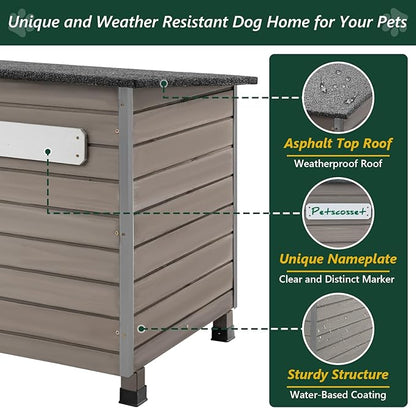 43.3" L Dog House Outdoor for Large Breeds Dogs Anti Chewing Iron Frames Dog Kennel Wooden Pet Houses for Indoor Outdoor with Weatherproof Roof,6 Elevated Feet, Reinforced Bottom Support