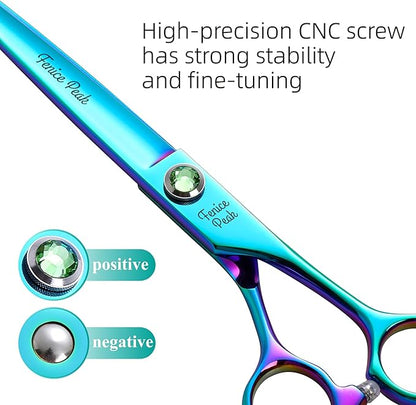 Fenice Peak Green Dog Grooming Scissors Set Straight Thinning Curved and Chunker Shears 4PCS Kit with Simulated Emerald Screw 440C Trimming Shears Durable and Sharp