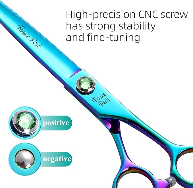 Fenice Peak 7.5'' Green Straight Dog Grooming Scissors Pet Shears with Ergonomic Offest Handle and Simulated Emerald Screw 440C Grooming Scissors Trimming Shears Durable and Sharp