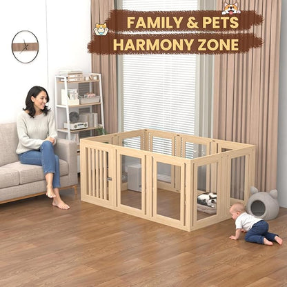 10 Panels Dog Playpen with Door, 23.6" H Pet Playpen Indoor, Clear Acrylic Puppy Playpens, Wooden Puppy Fence with Gate, Transparent Dog Pens, Pet Pen Indoor for Dogs, Cats, Rabbit (Wood)