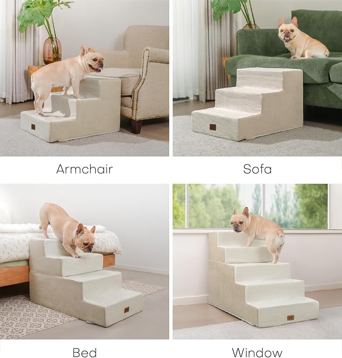 Dog Stairs for Bed, Dog Steps for Bed Couch Sofa, 35D Foam Pet Steps for Small Dogs and Cats, Extra Wide Pet Stairs with Non-Slip Bottom Beige, 3 Steps
