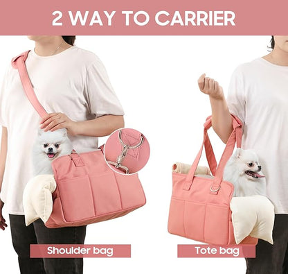 Dog Purse Carrier for Small Dogs, Soft Soft Sided Folding Dog Carriers for Small Dogs Medium Cats Puppies up to 15 Lbs, Washable Breathable Puppy Carrier for Outdoor Travel (Large Pink)