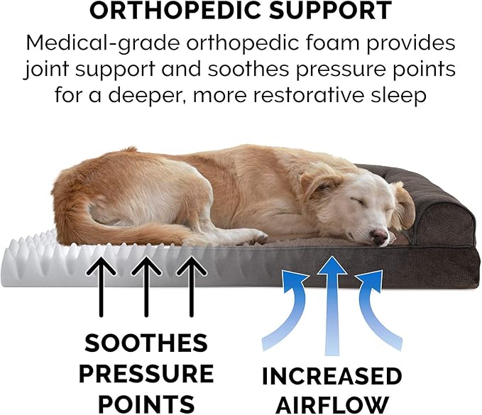 Furhaven Orthopedic Dog Bed for Large Dogs w/ Removable Bolsters & Washable Cover, For Dogs Up to 95 lbs - Sherpa & Chenille Sofa - Coffee, Jumbo/XL
