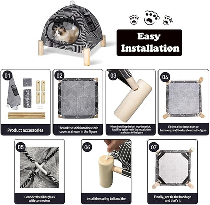2-in-1 Elevated Cat Tent Cat House, Quick Assembly and Disassembly, Portable Indoor/Outdoor Cute Cat Bed Cave-Black Diamond Pattern