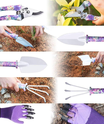 6 Pieces Garden Tools Set Planting Tools, Non-Slip Handle with Anti-Rust Trowel, Cultivator, Pruning Shear, Water Sprayer and Carrying Case, Gloves with Claws