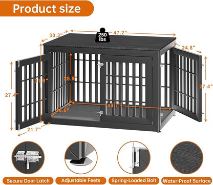 48" Heavy Duty Dog Crate Furniture for Small,Medium and Large Dogs,Rustic Wooden Dog Cage Kennel Indoor Furniture with Waterproof Top,Decorative Pet House Side End Table (Black)