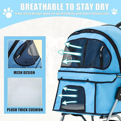 Dog Stroller, Folding 4 Wheels Pet Stroller for Small Medium Dog Cat Travel Carrier with Weather Cover Storage Basket Cup Holders Blue