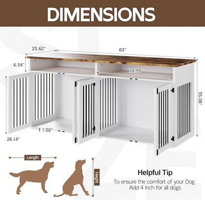 63'' Dog Crate Furniture for 2 Dogs, Wooden Dog Cage with Storage Compartment, Indoor Dog Kennel with 4 Doors for Large/Medium Dogs, White