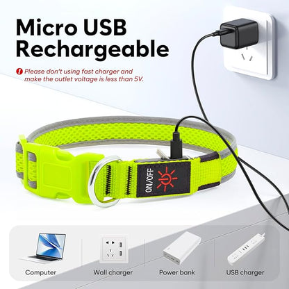 Flashseen LED Dog Collar, Light Up Dog Collar Lights USB Rechargeable, Adjustable Comfortable Soft Mesh Safety Collar for Small, Medium, Large Dogs(Large, Neon Green)