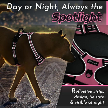 Eagloo Dog Harness Large Breed, No Pull Service Vest with Reflective Strips and Control Handle, Adjustable and Comfortable for Easy Walking, No Choke Pet Harness with 2 Metal Rings, Pink, XL