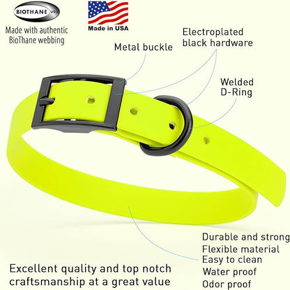 Dogline Biothane Waterproof Dog Collar Strong Coated Nylon Webbing with Black Hardware Odor- Proof for Easy Care Easy to Clean High Performance Fits Small Medium or Large Dogs, Safety Yellow