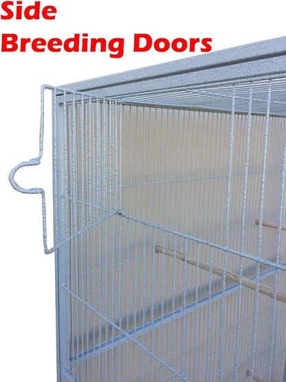 54" Large Double Birdhouse Breeder Bird Flight Cage with Center Divider Side Breeding Nest Doors Removable Rolling Stand (51" Length x 17" Depth x 54" Height, White Vein)
