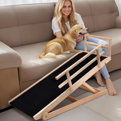 Dog Ramp, 5 Level Adjustable Height Folding Pet Ramp for High Bed, Portable Paw Ramps Large Bed Ramp for Medium & Large Old Dogs & Cats - Natural Wood Furniture Quality
