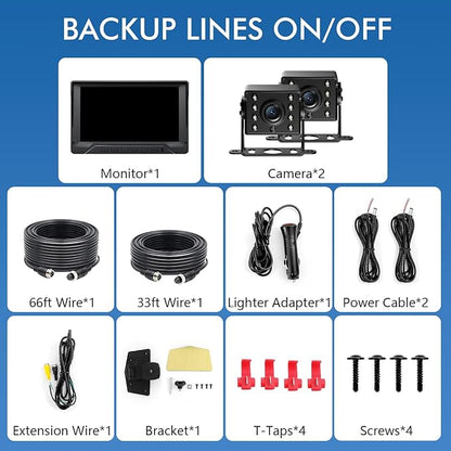 Dual RV Backup Camera Plug and Play, 7'' Backup Camera for Truck Trailer, No Delay, 1080P HD, 2 Channels, 150° Wide Angle, DIY Guide Lines, Night Vision, IP69 Rear View Camera