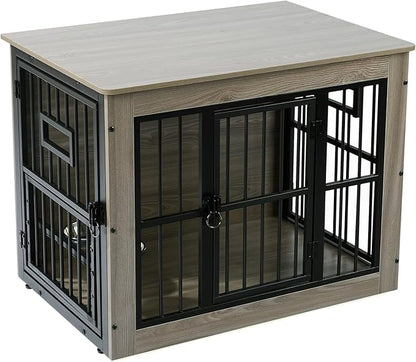 Gardner Pet Dog Crate Furniture for Medium Dogs, 32.7 Inch Dog Kennel Indoor, Wooden Dog Cage End Table with 2 Removable Bowls, Heavy Duty Dog Crate, Rustic Grey