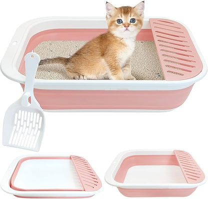Fhiny Cat Litter Box Portable Shallow Litter Box 17.7"x13.4"x4.9" Foldable Cat Toilet with Scoop Open Kitty Potty Pan with Litter Drop Pedal Easy to Clean Travel Kitten Toilet(Pink)