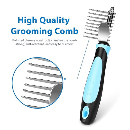 Flexzion Dogs Dematting Comb, Stainless Steel Blades Rakes, for Pets Cats Animals Matted Knotted Hair, Brush Cutting Removing Grooming Tool with Smooth Teeth Needle - Black & Blue Handle