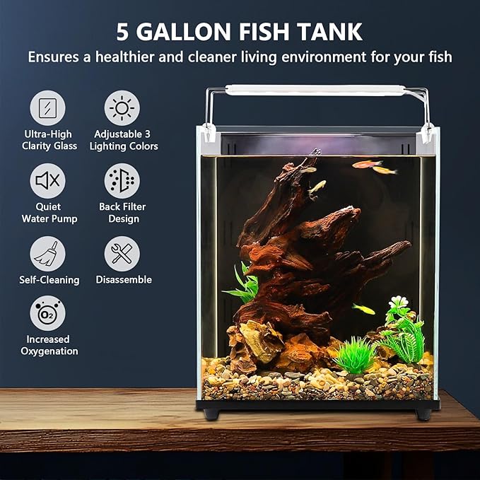 fishkeeper 5 Gallon Fish Tank Starter Kit, Small Aquarium with Filter and Adjustable 3 Color Lighting Self Cleaning Fish Bowl Rimless Aquarium for Beginners (Freshwater Fish Tank)