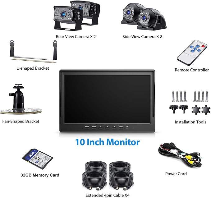 10" HD Backup Camera System Kit, Loop Recording Large Monitor with Wired Rear View Camera, IR Night Vision Waterproof Camera with Safe Parking Lines for Bus, Semi-Truck, Trailer, RV, BY104A