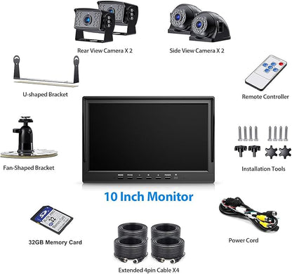 10" HD Backup Camera System Kit, Loop Recording Large Monitor with Wired Rear View Camera, IR Night Vision Waterproof Camera with Safe Parking Lines for Bus, Semi-Truck, Trailer, RV, BY104A