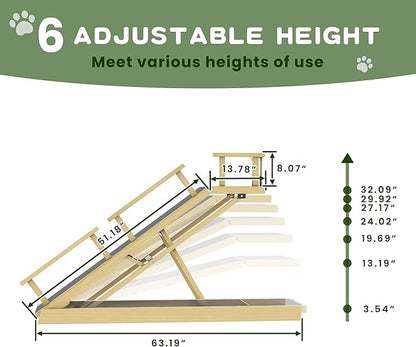 6 Level Height Adjustable Dog Ramp for Bed, Couch 65" Foldable Pet Ramp with Non-Slip Mat，DIY Glow Strips & Rest Platform Heavy Duty Dog Stairs for Large Dogs up to 200Lbs ，Wood Color