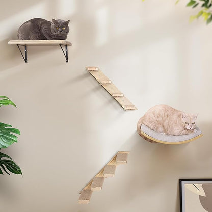 4-Piece Cats Wall Furniture with Cat Window Perch – Wood Wall Mounted Cat Shelves Set with Foam-Padded Curved Bed, Flat Perch & 4-Step Cats Stairs