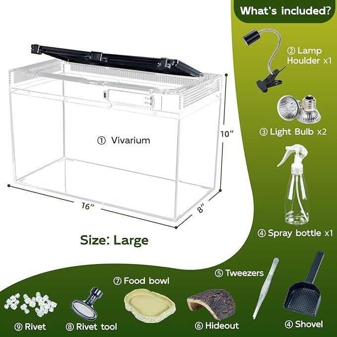 16×10×8'' Reptile Tank Kit with Heat Lamp, Spray Bottle, Shovel, Tweezers, Food Bowl, Hideout -Perfect for Geckos, Bearded Dragons, Snakes, Lizards, Turtles 360° Viewing, PC Glass