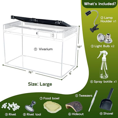 16×10×8'' Reptile Tank Kit with Heat Lamp, Spray Bottle, Shovel, Tweezers, Food Bowl, Hideout -Perfect for Geckos, Bearded Dragons, Snakes, Lizards, Turtles 360° Viewing, PC Glass