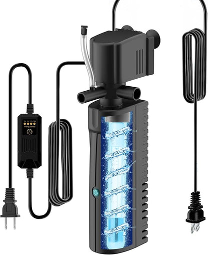 Aquarium U-V Filter for Green Water, Fish Tank Filter with Timer U-V Light, Turtle Tank Filter, Internal Filter with Dual Water Outlet & Aeration, for 40-70 Gallon Tank