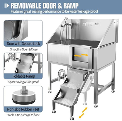 38"" Pet Dog Bathing Station W/Ramp, Professional Stainless Steel Dog Grooming Tub W/Soap Box, Faucet,Rich Accessory, Dog Bathtub for Large,Medium,Small Pets, Washing Sink for Home,R-RAMP