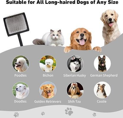 Dog Slicker Brush for Shedding and Grooming Medium or Long Haired Cats, Extra Long & Soft Pin Slicker Brush for Removes Loose Hair, Tangles, Knots, Undercoat, Free Pet Comb, Large Black